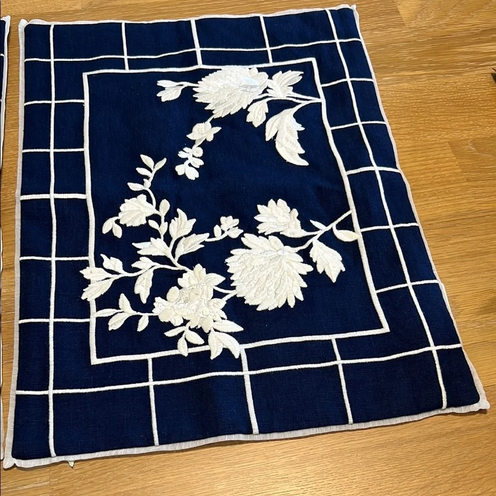 4 Pcs Ralph Lauren Navy and White Floral Embroidered Cushion Cover New